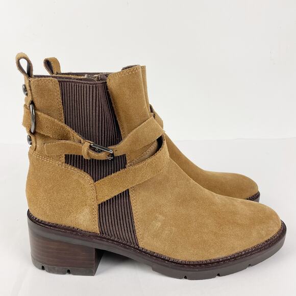 Donald Pliner Womens Savvy Bootie 7 Caramel Tan Brown Buckle Strap Leather NWOB - Picture 2 of 16